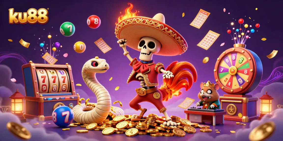 Bet on the thrilling victory dance of ku88's mariachi rooster, on a mound of coins amidst casino excitement.