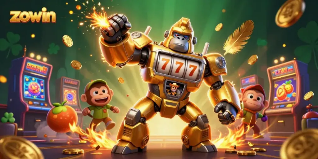 Zowin slot machine-themed 3D illustration showcasing a punching golden gorilla mech and vibrant casino elements.