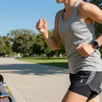 Person jogging in the park with a smart ring showcasing fitness tracking capabilities in a vibrant outdoor setting.