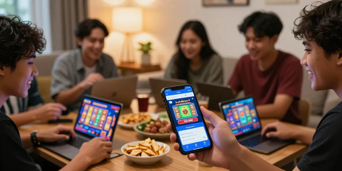 Players enjoying situs slot deposit 10 ribu on smartphones, showcasing exciting online gaming experience without fees.