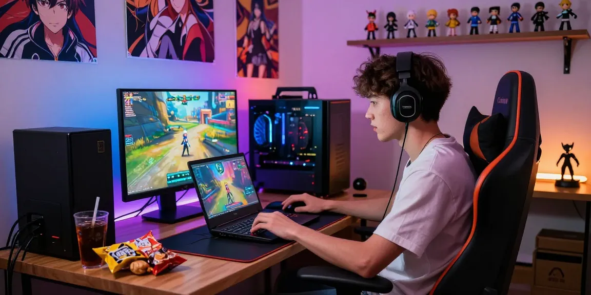 Engaged gamer in a cozy setup playing a hentai game on a laptop with vibrant anime decor.