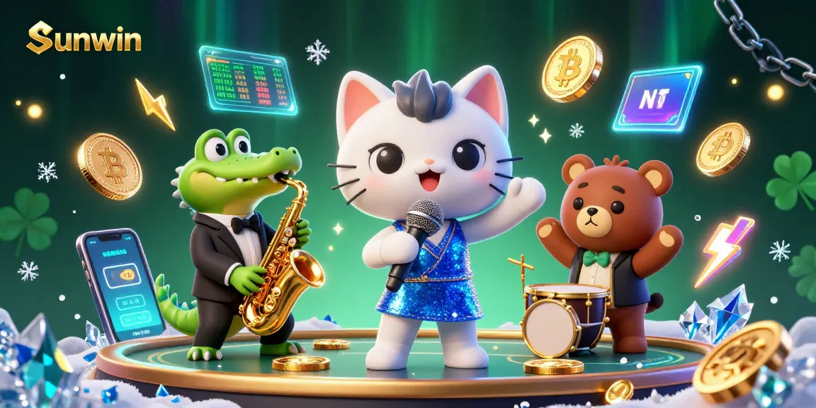 Experience Sunwin's vibrant casino scene with stylish characters and crypto-themed elements
