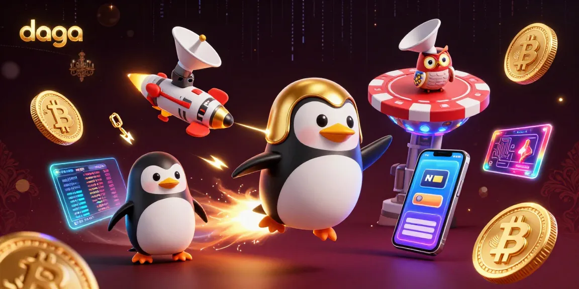 Experience thrilling gaming at daga with vibrant, dynamic casino elements and a golden penguin.