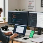 Engaged professional in a modern workspace focusing on WhatsApp下載 on their laptop, showcasing a tech-savvy environment.