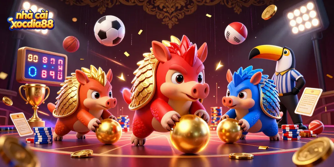 Experience the thrill with nhà cái xocdia88 as rival pangolins roll through golden balls amidst a vibrant casino scene.