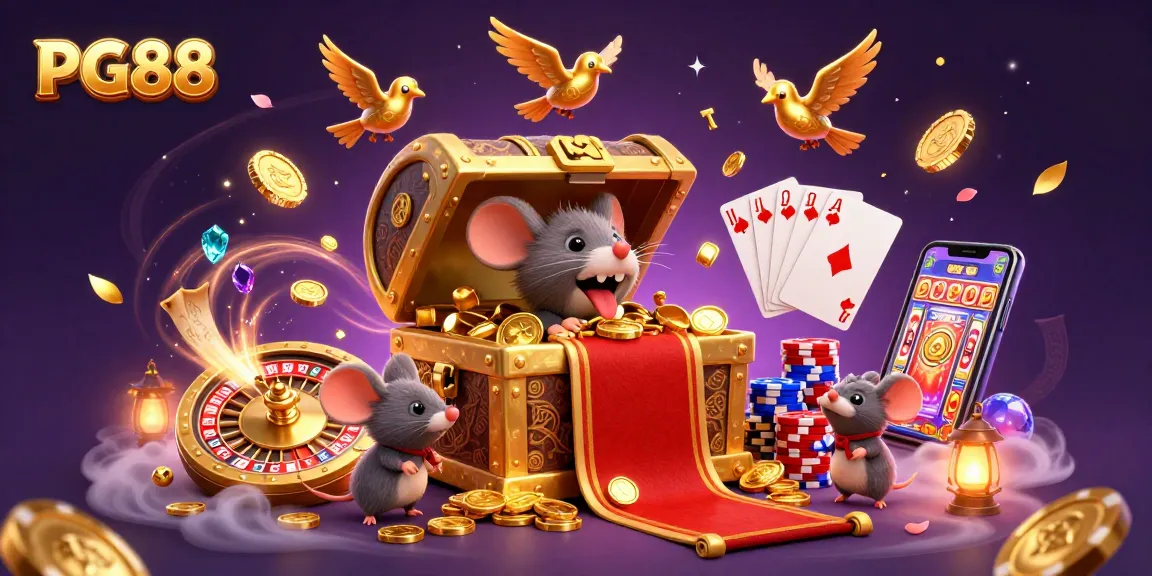 Exciting PG88 casino illustration showcasing adventure with dynamic elements like rolling roulette wheels, vibrant slot symbols, and animated treasures.