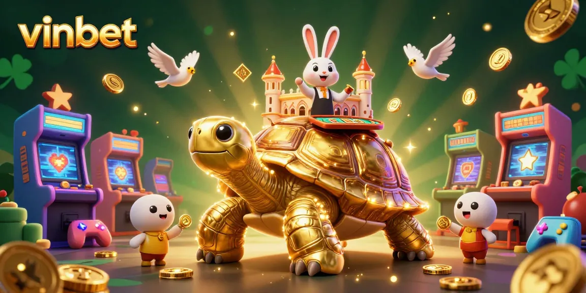 Experience the excitement of vinbet's casino with a dynamic scene featuring a golden tortoise and flying coins.