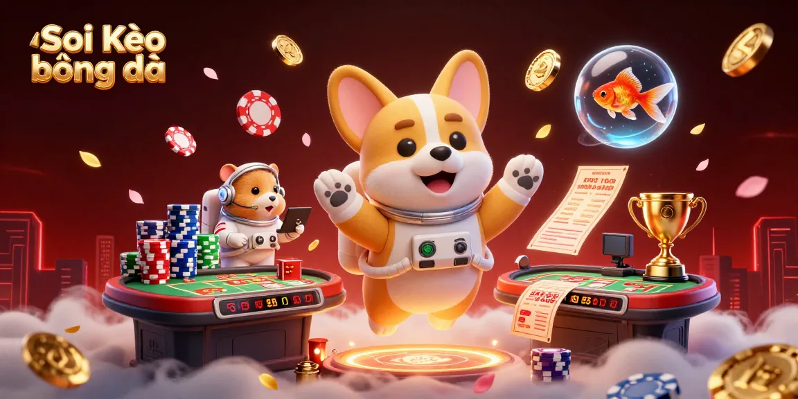 Soi Kèo bóng đá highlights exciting betting action with a cartoon corgi astronaut and immersive casino elements.