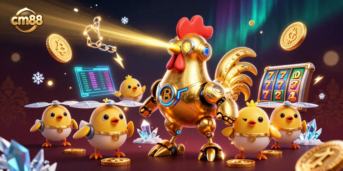 Play at cm88 with an energetic golden rooster robot leading baby chick drones in a colorful casino scene.