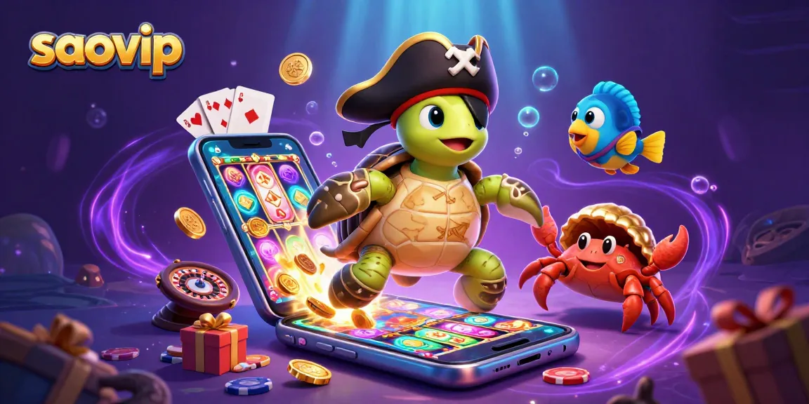 Experience saovip gaming thrills with a pirate turtle, crab, and parrotfish surrounded by slot extravaganza!
