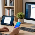 在现代办公环境中，使用爱思助手连接iPhone与电脑的用户，桌上有其他Apple设备和技术书籍。