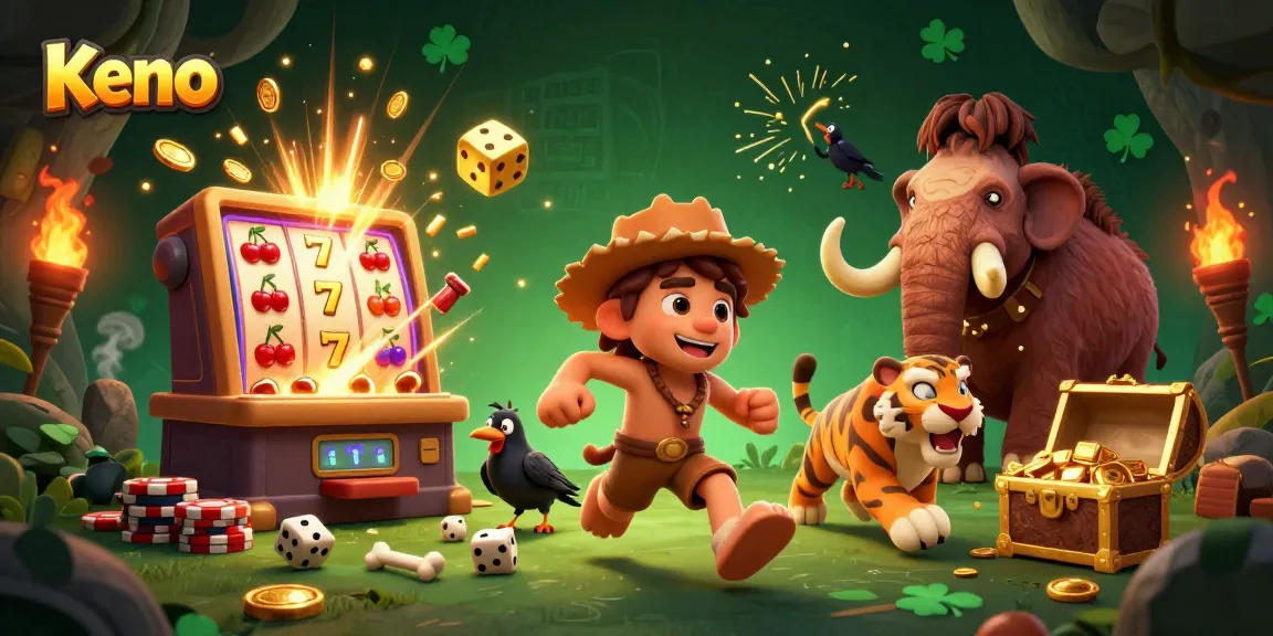 Keno game scene featuring a caveman, sabertooth tiger, and a crow in a prehistoric casino filled with vibrant game elements.