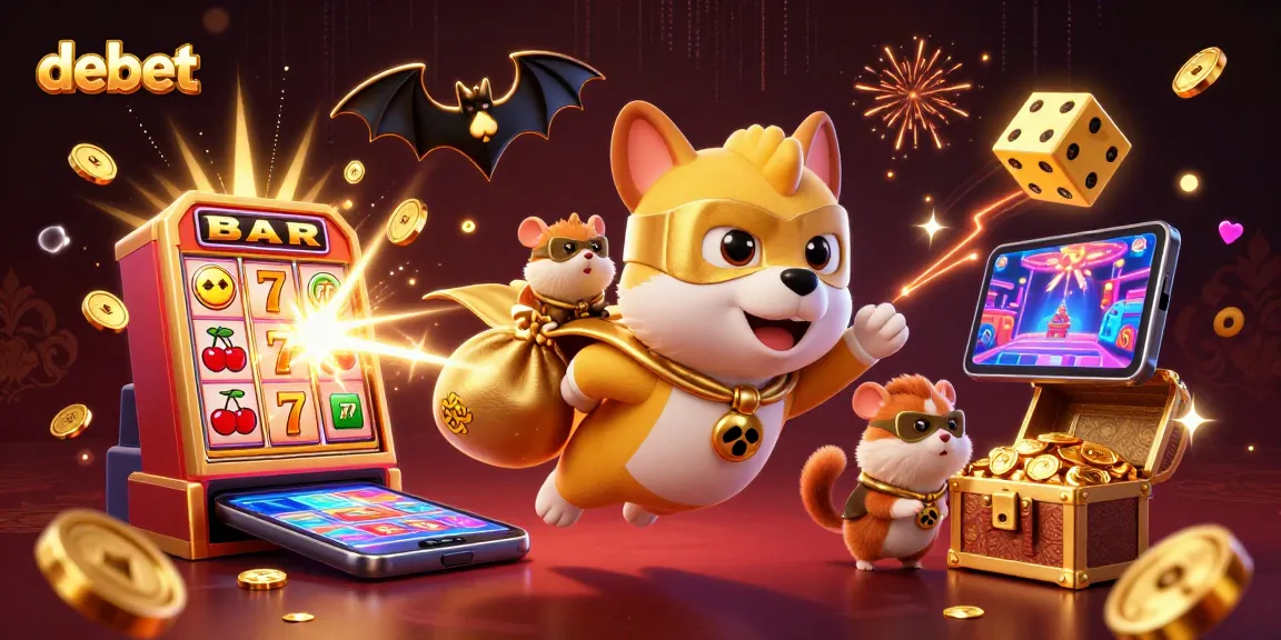 Experience thrilling action with debet in a vibrant 3D casino world featuring a superhero dog and dazzling slot animations.