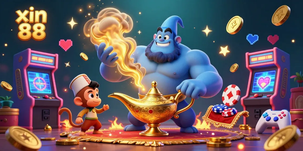 Experience exciting wins with xin 88 in a magical casino scene featuring a blue genie, monkey, and flying poker chips.