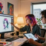 Creating AI NSFW art in a vibrant digital studio with professionals collaborating.