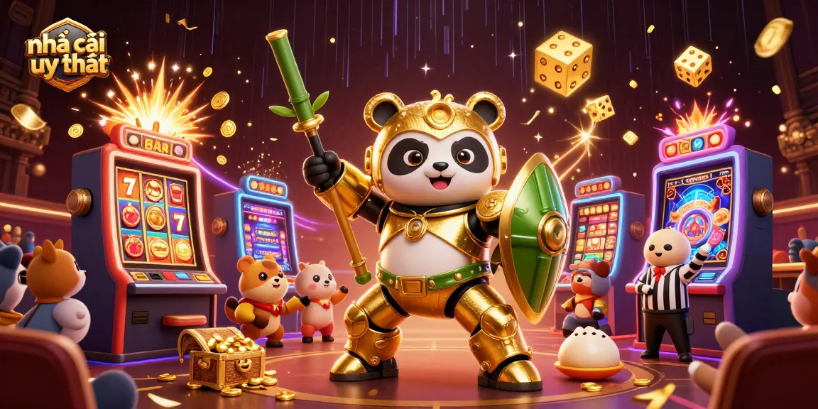Experience the excitement of nhà cái uy tín with golden panda piloting a bamboo robot in a vibrant casino arena.