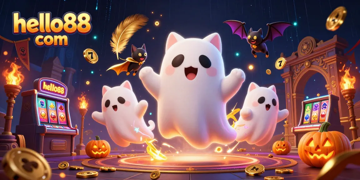 Experience the thrill of casino adventures with hello88 com in this vibrant illustration featuring a friendly ghost cat and exciting gaming elements.