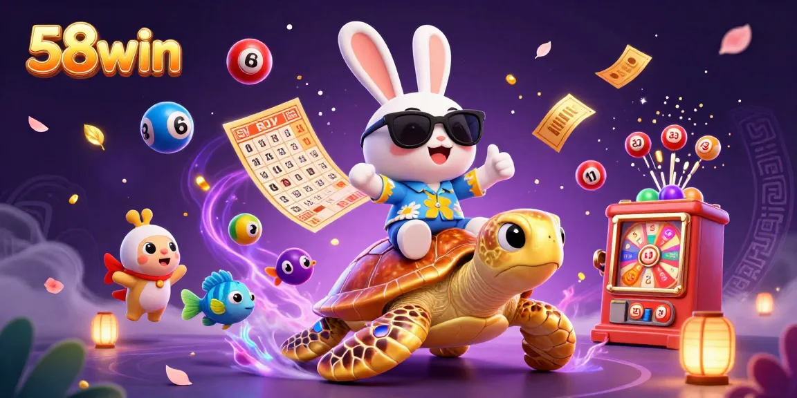 Join the fun with 58win as the lucky rabbit rides a golden sea turtle in a vibrant gaming scene.