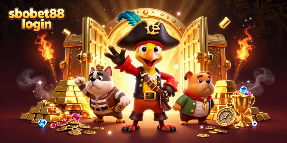 Experience the thrill with sbobet88 login, featuring a vibrant casino scene of characters and treasures.