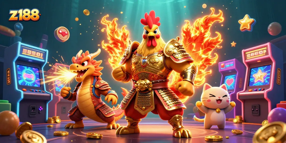 Experience z188 with a dynamic scene of a 3D fighting rooster and dragon amidst casino game icons.