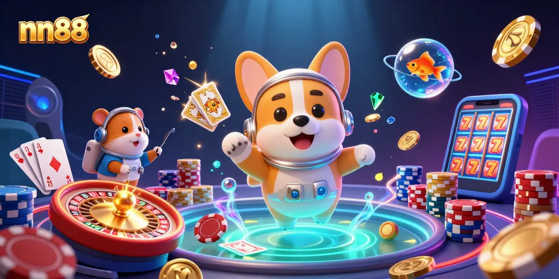 Engage with nn88 through a colorful casino journey with a floating astronaut corgi and vibrant game elements.