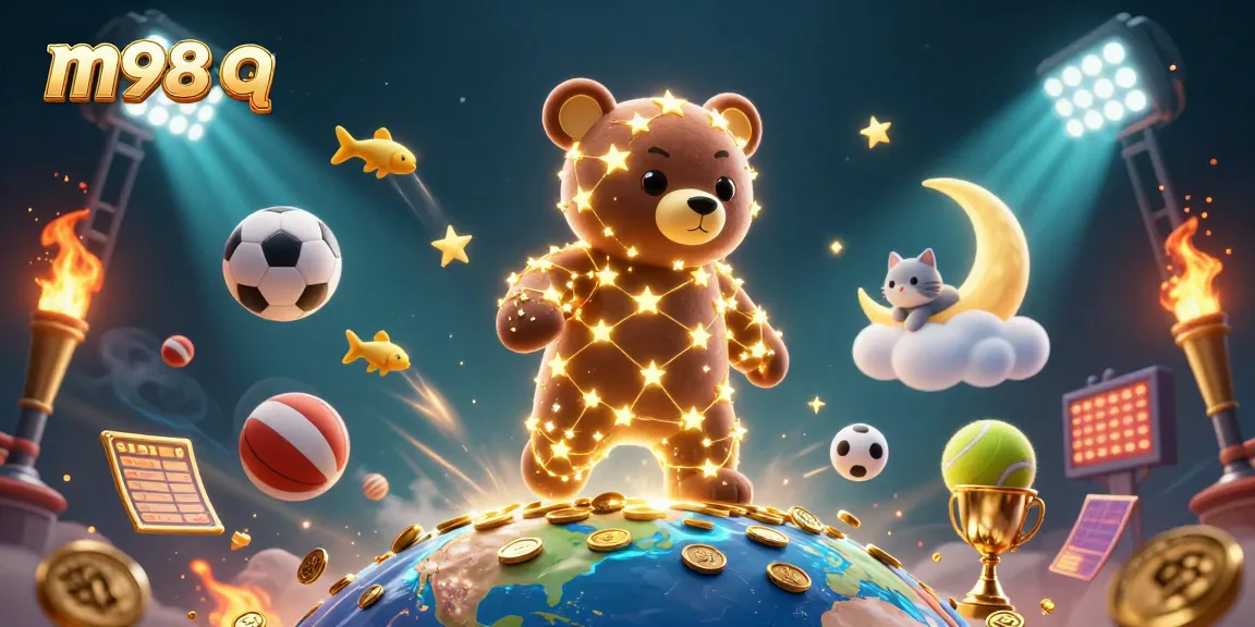 Join the excitement at m98 q with vibrant 3D casino-themed illustration filled with gaming elements.