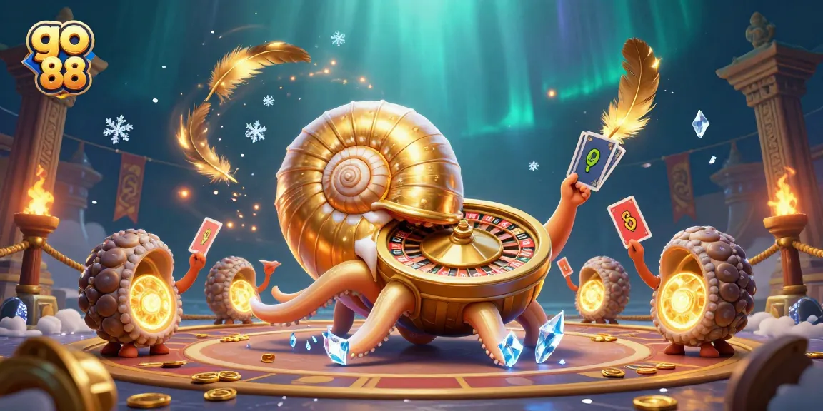Experience the thrill of go 88 with an ancient giant nautilus, cards, and golden light in a dynamic casino scene.