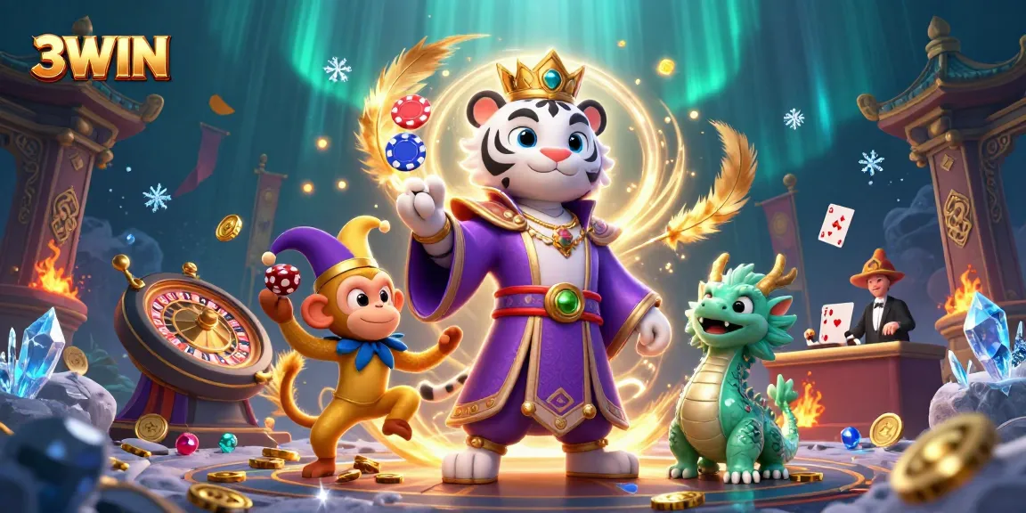 3WIN showcases a vibrant scene of excitement with a playful monkey playing poker amidst casino elements