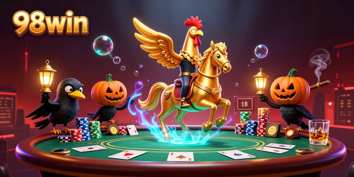 Experience the thrilling action at 98win's vibrant casino with golden rooster and spectral horse.