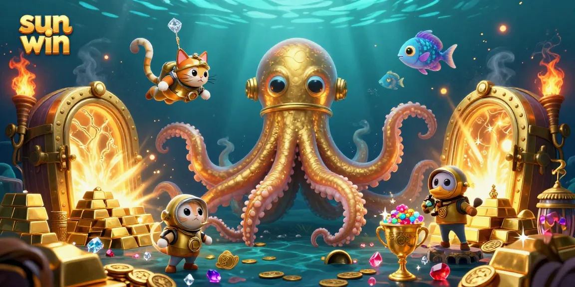 Experience the thrill of sun win with a treasure-filled scene featuring kraken and diving cat.