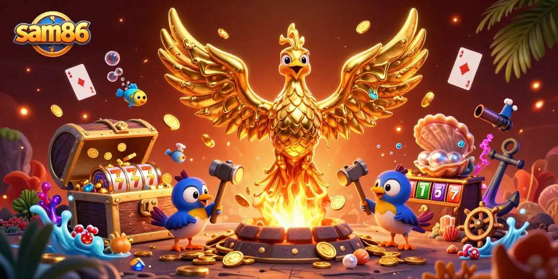 Experience winnings with the vibrant sam86 casino scene featuring a golden phoenix and treasure galore.