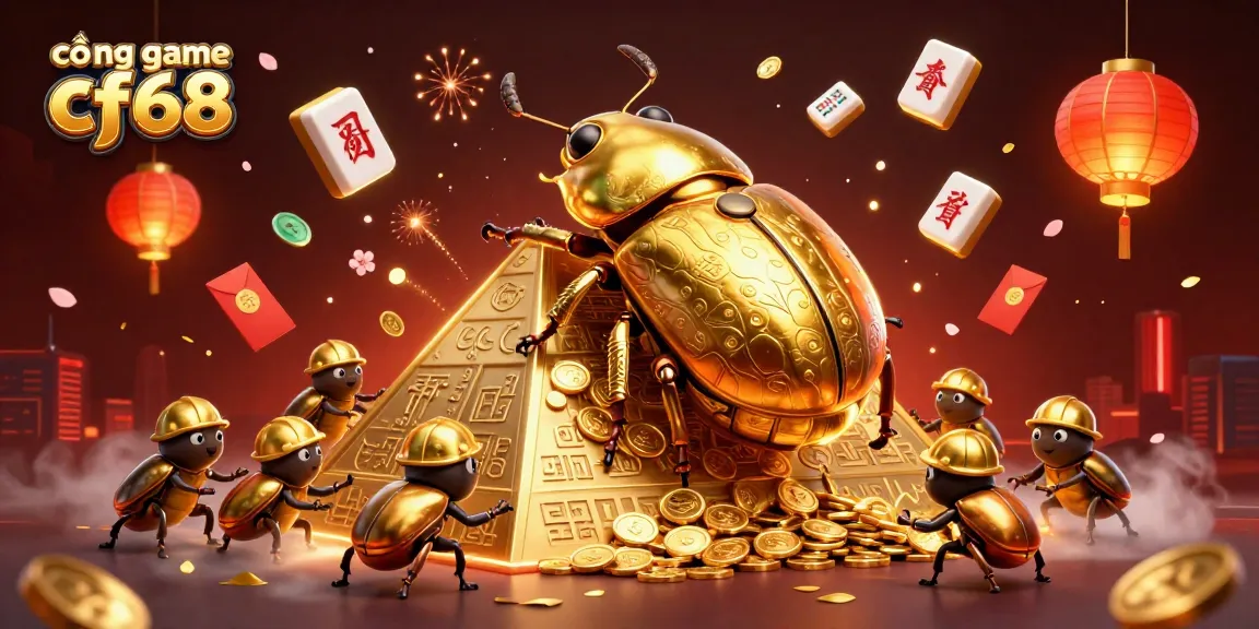 Experience the excitement of cổng game cf68 with golden beetles and casino symbols in this vibrant illustration.