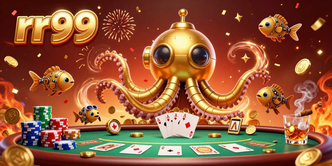 Play exciting casino games with rr99, featuring a vibrant kraken submarine emerging from gold coins.