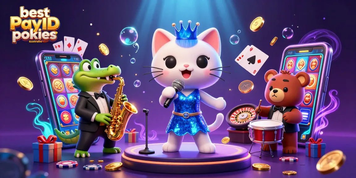Engage with the best PayID pokies Australia in a vibrant casino scene featuring animated characters and gaming elements.