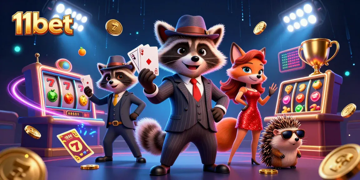 Experience thrilling 11bet gaming with a raccoon holding a royal flush in a vibrant casino scene.