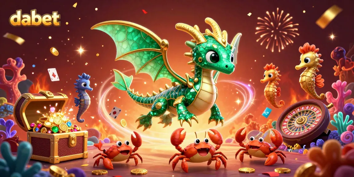 Dabet gaming illustration showcasing a sea dragon and casino elements like cards and roulette