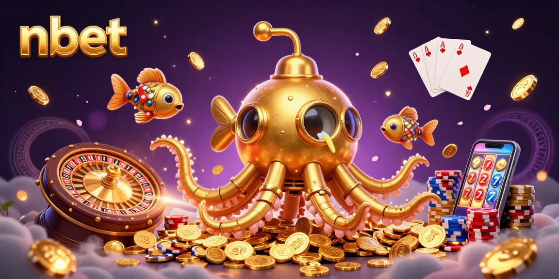 Engage with nbet’s vibrant casino experience featuring a kraken submarine amidst golden coins, roulette, and poker elements.