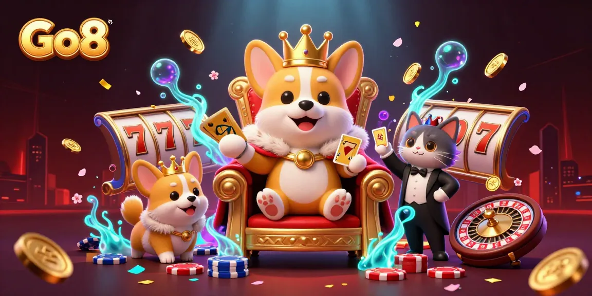Go8 features a royal corgi and cat butler celebrating big wins with vibrant casino elements.