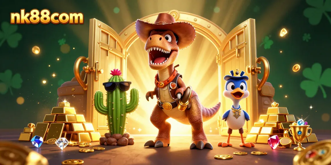 Spin and win with nk88com in this vibrant casino-themed illustration featuring treasure and fun characters.
