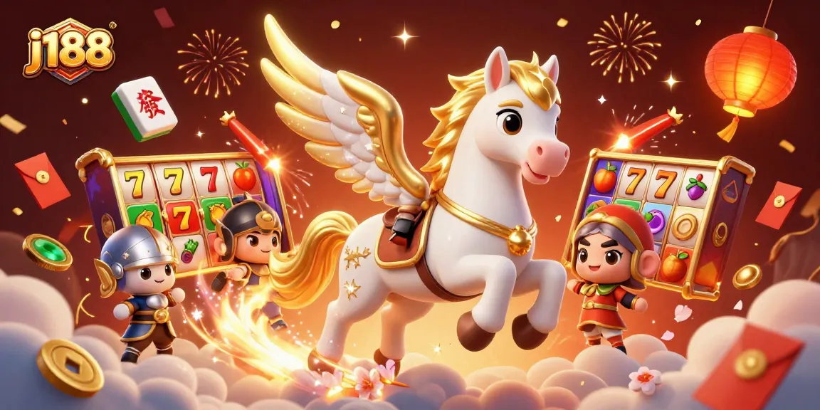 Join the excitement of j188 with a vibrant, action-packed casino scene featuring a celestial horse.