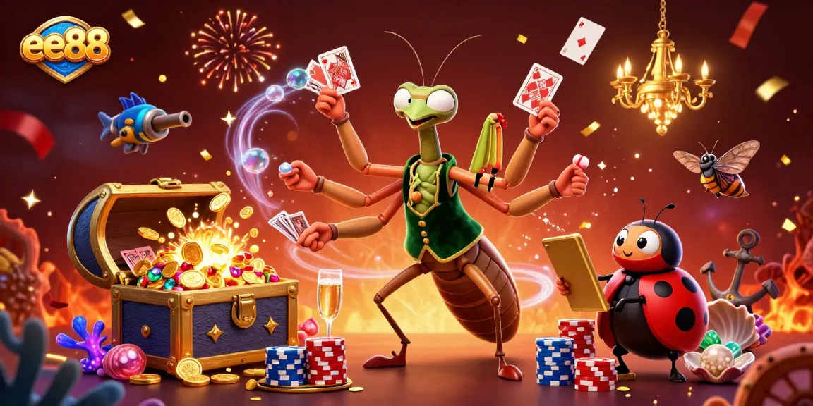 ee88 showcases a vibrant casino scene with a giant mantis dealer and treasures bursting everywhere.