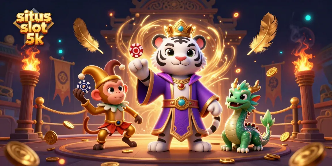 Engage with situs slot 5k featuring a dramatic scene with a tiger, monkey, and dragon amongst colorful casino elements.