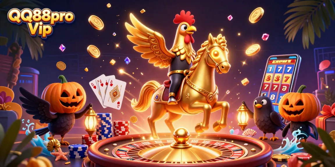 Win big with QQ88pro Vip in this vibrant casino scene filled with golden treasures and game action.