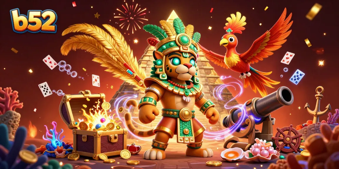 Experience thrilling b52 gaming with a Mayan jaguar priest in a vibrant casino scene.