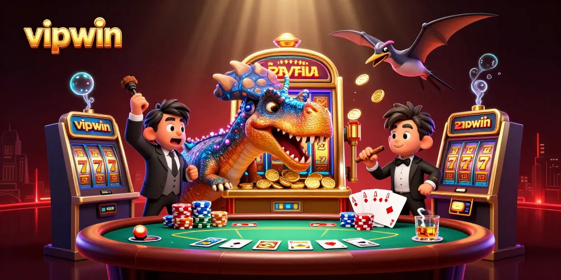 Experience the thrills of vipwin with a cartoon dinosaur interacting with casino elements, capturing the excitement.