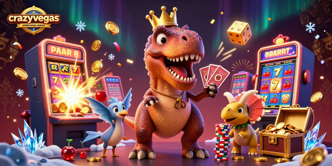 Experience the excitement of crazyvegas aussie real money casinos with a playful dinosaur-themed illustration.